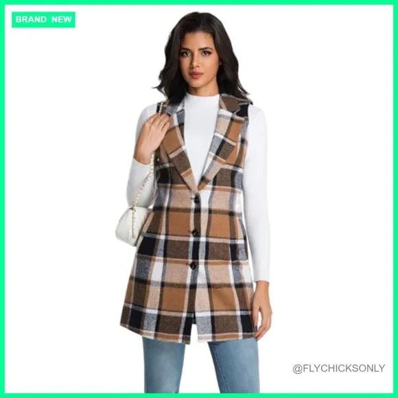 Long Wool Blend Plaid Vest Sleeveless Blazer Trench Coat